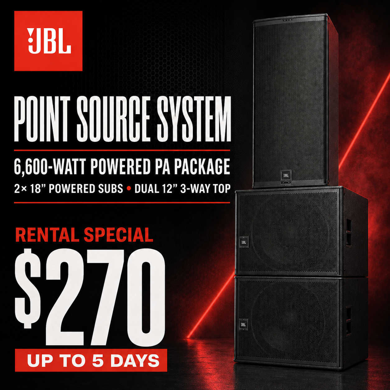 JBL PowerStack 6600 System - two SRX918S subwoofers with SRX922 top speaker