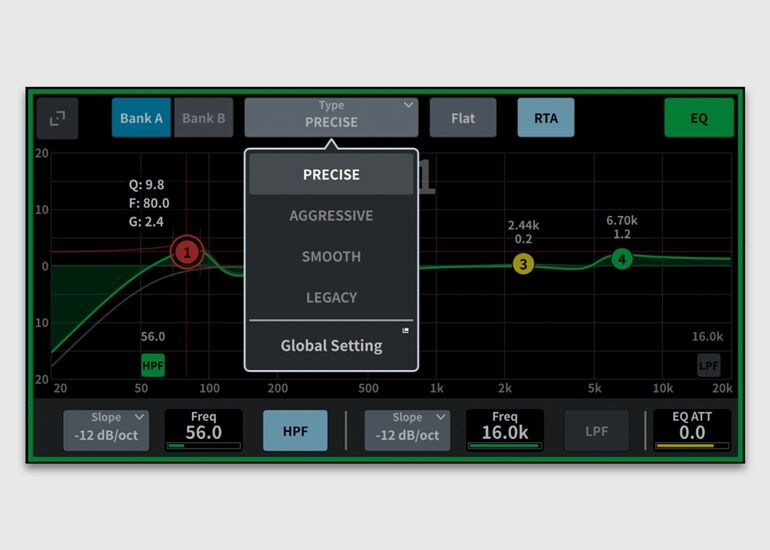 Yamaha DM5 channel EQ screen with real-time analyzer overlay