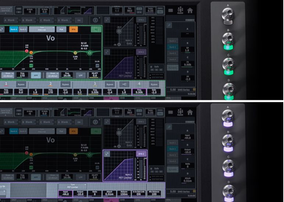 Close-up of the Yamaha DM5 user defined knobs beside the touchscreen